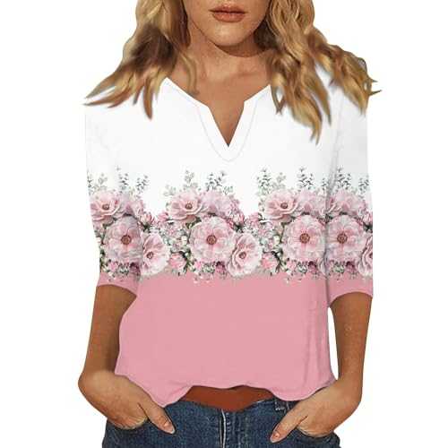 Women's Valentines Day 2025 Casual Tunic Top Floral Printed 3/4 Sleeve Blouse Notched V Neck T Shirts Lightweight Casual Cute Three Quarter Length Blouses Women's Sweater Dress