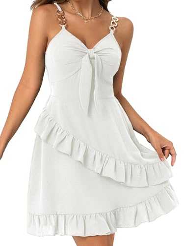 CICIDUDU Womens Short Summer Dresses Sleeveless Deep V Neck Boho A Line Mini Dress Tie Front Ruffle Hem Trendy Dresses