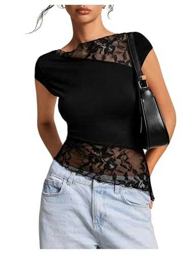 GORGLITTER Women's Floral Lace Sheer Asymmetrical T Shirts Boat Neck Cap Sleeve Slim Fit Elegant Tops