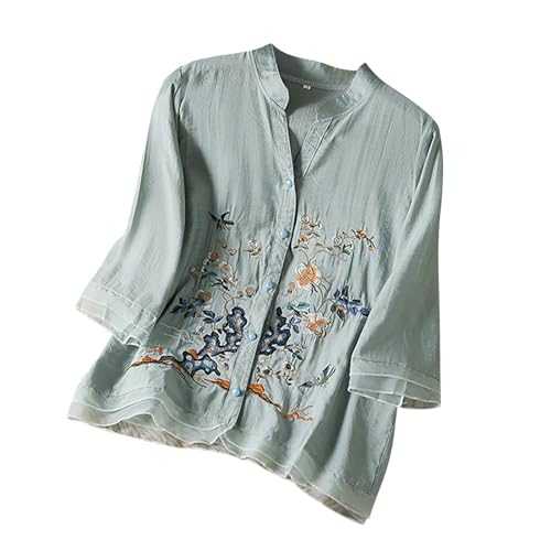 Linen Tops for Women UK Casual Linen Office Blouses Sales Floral Embroidered Top Cotton Holiday Shirts Boho Ethnic Style Tee Women 3/4 Sleeve V Neck Tunic Tshirt