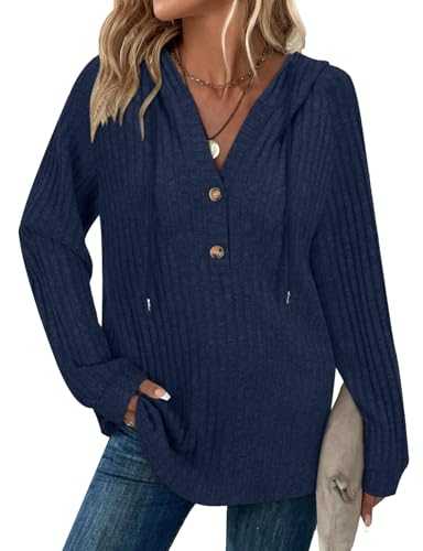 Hoodies for Women Ladies Jumpers Long Sleeve Tops Drawstring Button V Neck Casual Pullover Sweatshirt Spring Autumn Winter Tunic Clothes