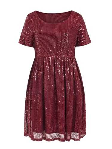 Wenrine Women's Sequin Plus Size Mini Dress Short Sleeve Scoop Neck Pleated A Line Cocktail Party Dresses