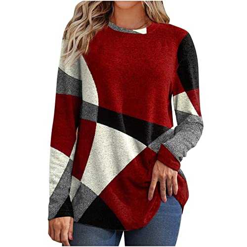 Fall Winter Fleece Tops for Women UK 2024 Casual Long Sleeve Crewneck Pullover Shirts Dressy Trendy Geometric Print Blouse Ladies Elegant Color Block Sweater Jumper Tops