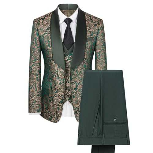 Allthemen Mens Jacquard 3 Piece Suits Paisley 1 Button Dress Suits Slim Fit Suit Jacket Waistcoat Trousers Wedding
