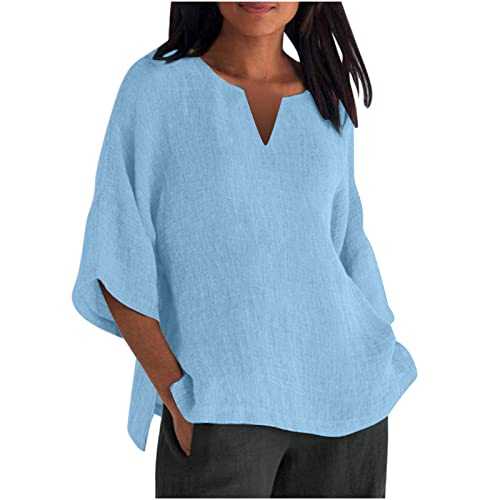 Women Tops 3/4 Sleeve Cotton Linen Shirts V Neck Side Split Tunic Pullover Womens Summer Blouses Plus Size Plain T Shirt Breathable Undershirt Beach Gym T Shirt Casual Tee