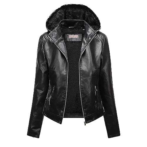 GULASISI Fuzzy Fleece Lined Leather Jacket for Women Faux Shearling Plush Thermal Bomber Jacket Winter Hooded Padded Warm Coat/UK Size/Teenage Girls Ladies Clothes/Shipping 7 Days