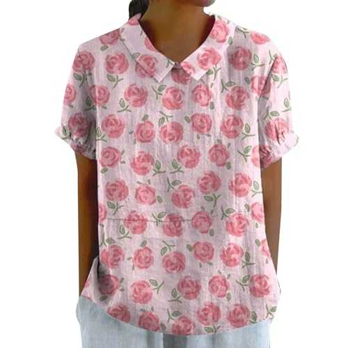 Hrjxfpt Linen Tops for Women UK Short Linen Spring Outfits Sales Women's Holiday Lapel Art Floral Round Neck Loose Pullover Top Casual Shirt T Shirt