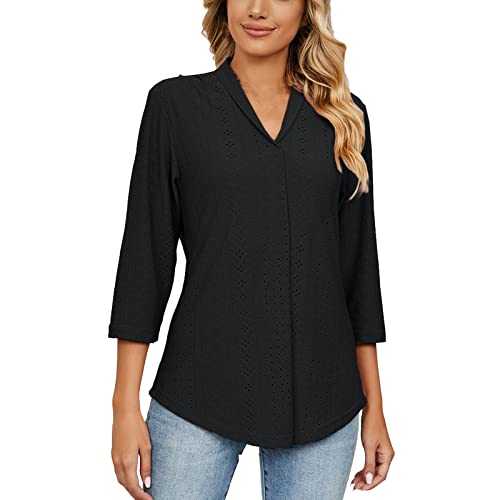 NSICBMNO Longline Tops for Women UK Sale V Neck T Shirts 3/4 Sleeve Tops Eyelet Blouse Boho Shirts Oversized Tshirt Summer Blouses Flowy Tshirt Casual Loose Blouses for Work Beach Streetwear