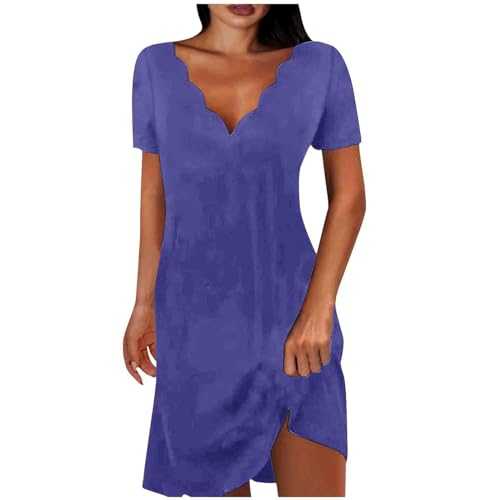 Women Summer Midi Dresses Short Sleeve V-Neck Casual Sundress Elegant Party Dress Ladies Boho Beach Dress Knee Length A Line Tunic Dress for Women UK Sale Clearance Going Out