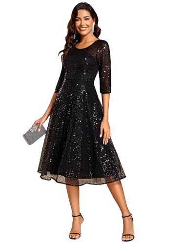 Ever-Pretty Women's Prom Dress Round Neck 3/4 Sleeve Elegant A Line Sequin Luxurious Evening Dresses for Wedding Guest 2241