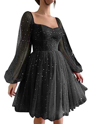 Women's Sparkly Starry Tulle Prom Dress Puffy Sleeve Homecoming Dresses Glitter Star Formal Evening Party Gown
