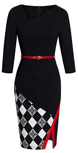 HOMEYEE Women's Sleeveless Slanted V Neck Floral Belted Knee Length Pencil Dress B290 (UK 12 = Size L, Black+Grid)
