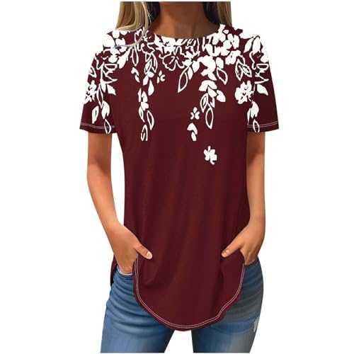 Tunic Tops for Women UK Size Floral Round Neck Summer Short Sleeve Tees Ladies Casual Teen Girls Peplum Tops Boho Loose Fit Pleated Bohemian Blouses Ruffle Cropped Wrap Comfy Tunic Tops