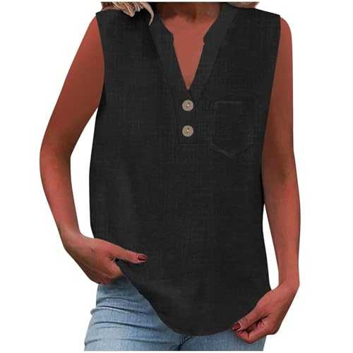 Women's Summer Cotton Linen Cap Sleeve T-Shirt Button V Neck Tunic Tops Lounge Baggy Plain Shirts Trendy Lightweight Loose Fit Comforty Blouse Ladies Going Out Basic Tops