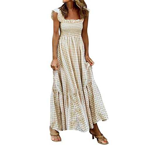 Women's Retro Plaid Smocked Dress Spaghetti Strap Flounce Long Dress 2025 New Summer Dresses for Women