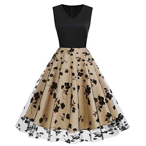 IWEMEK 1950 Dresses for Women Vintage Rockabilly Swing Butterfly Floral Tea Dress Sleeveless V-neck A-line 50s 60s Pinup Audrey Hepburn Style Wedding Party Prom Cocktail Dress