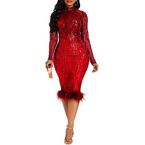 VERWIN Sequins Patchwork Bodycon Dress Women's Long Sleeve Dress Elegant Dress Plume Maxi Dress Party Dress