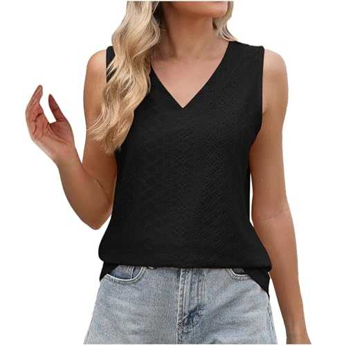 Tank Top Women Plain V Neck Sleeveless Tee Shirts Eyelet Vest Loose Blouses Ladies Casual Summer Vests Tunic Women's Breathable Comfortable Summer Tops Fashion