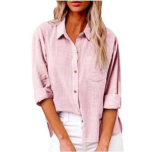 Womens Long Sleeve Shirt Tops Casual Button Down Cotton Linen Shirts Summer Tshirt Tops V Neck Roll Up Long Sleeve Blouses Loose Collared Shirt Oversized Tees Dressy Blouses Office Work Blouse