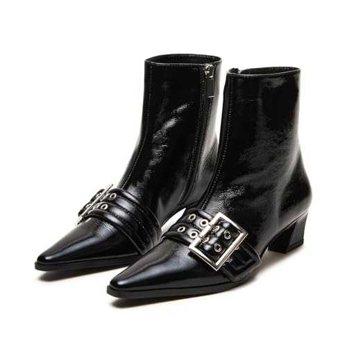 Vaslemuse Women Booties Buckle Ankle Boots Kitten Low Heel Eyelet Booties Sexy Pointy Toe Fashion Dress Short Boots with Zips