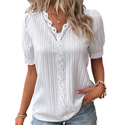 LAKEMON 2023 V Neck Plain Lace Elegant Shirt,Short Sleeve Shirt for Women Loose Top (White,XX-Large)
