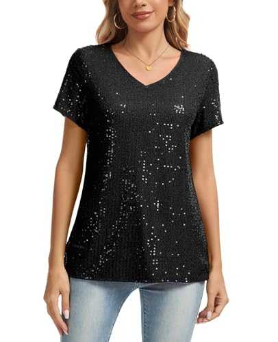 MINTLIMIT Womens Sparkling Sequin Blouses V Neck Short Sleeve T Shirt Fully Lined Glitter Casual Nighty Going Out Tops