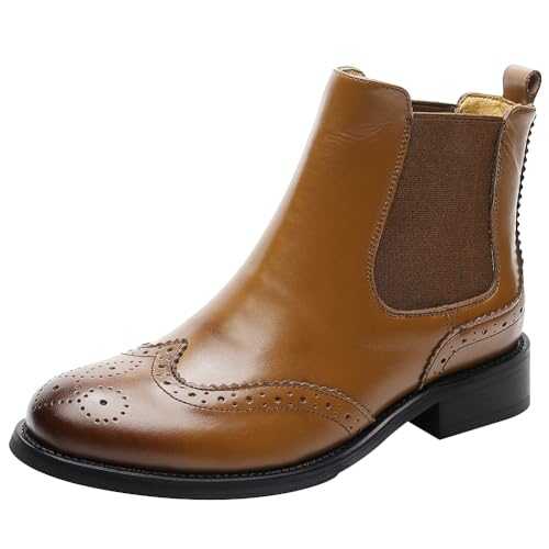 rismart Women's Brogue Wingtip Ankle High Slip on Comfort Genuine Leather Chelsea Boots