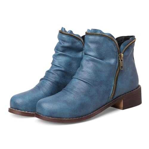 Women's Low Chunky Heel Booties,Comfy Round Toe Side Zipper Winter Ankle Boots,Vintage Leather Casual Dressy Shoes