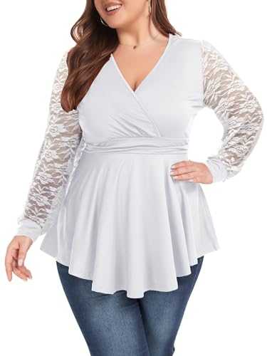ForHailey Women's Plus Size Tops Lace Sleeve Empire Waist Blouses Pleated Peplum Tunics Babydoll Flowy Wrap Loose Shirt