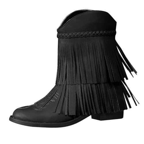 Women's Boots with Heel, Cowboy Boots, Women's Fringed Western Boots, Embroidered Cowgirl Boots, Transition Boots, Retro Ankle Boots, Mexican Slip-On Boots, Round Toe Short Boots, Women's Boots