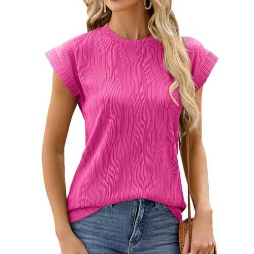 Cap Sleeve Tops for women UK - Solid Crew Neck Ruched Textured Spring Summer Tops, Elegant going out tops, Office Tops