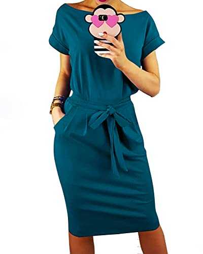 PRETTYGARDEN Women's Short Sleeve Crewneck Striped Basic Solid Tie Waist Office T Shirt Dress