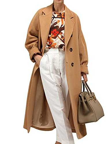 Himosyber Women Wool Blend Pea Coat Camel Notched Collar Double Breasted Outerwear Jacket