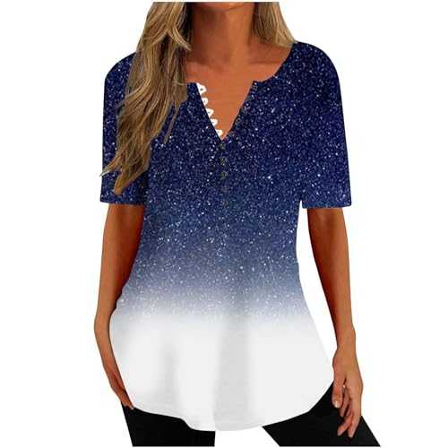 Womens Blouses and Tops Dressy Short Sleeve V Neck Henley Shirts Button Up Tunic Tops Summer Loose Fit Work Blouse Casual Print Dressy Shirt Spring Fashion Tee Shirts Plus Size 22