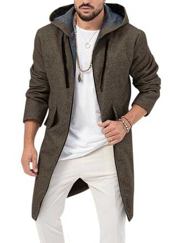 ZIWOCH Mens Trench Coat Wool Blend Hoodie Long Jacket Full Zip Winter Classic Business Overcoat