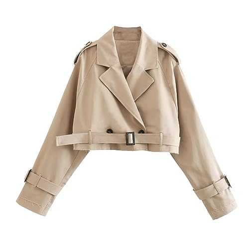 Women's Plain Double-Breasted Autumn Winter Cropped Lapel Collar Trench Jacket Coat Windproof Lightweight Outerwear Coats Belted Jackets