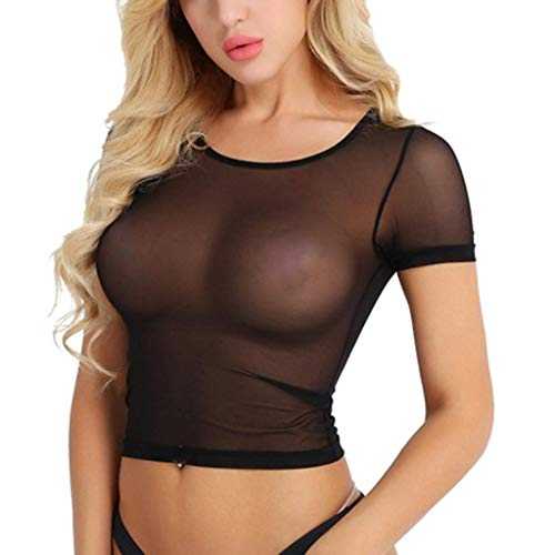 Mrat Women's Casual Mesh Crop Tops Sexy See Through Transparent Sheer T Shirt Short Sleeve Blouse Vest Summer Round Neck Lace Tops Slim Fit Lingerie Solid Temptation Dance- Crop Tee Clubwear Party