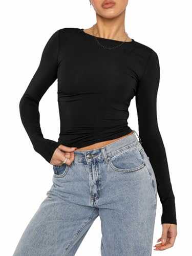 OYIGELZ Long Sleeve Shirt Women's Basic T-Shirt Crop Top Y2K Slim Fit Casual Tee Tops