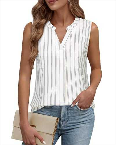 Timeson Women's Henley V Neck Chiffon Blouses Casual Sleeveless Striped Work Tank Top