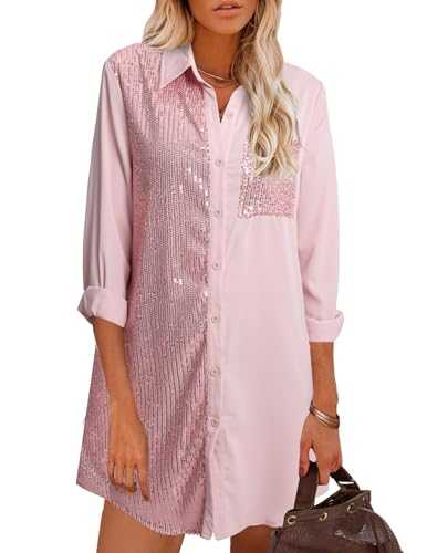 Button Dress Sparkly - Oversized Glitter - Shirts Womens Long Sleeve Button Up Blouse Dress Sequin Dressy Tops Shirt Dresses