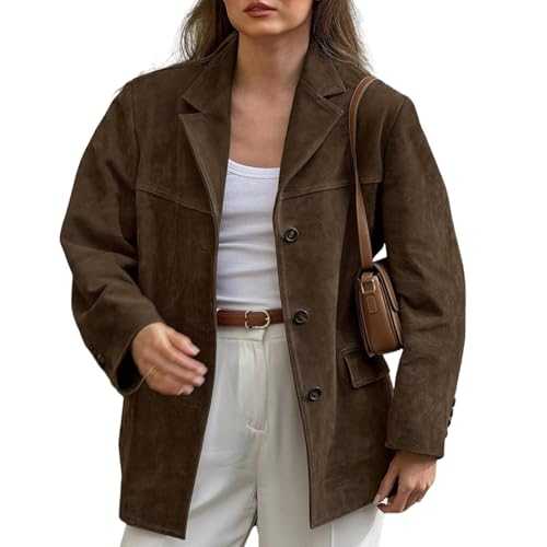 Nbzsmlkn Women's Vintage Faux Suede Oversized Blazer,Suede Jacket Outerwear Brown Faux Leather Jacket,Womens Vintage Suede Jacket Oversized Faux Leather Jackets