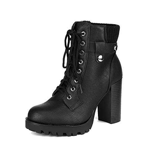 DREAM PAIRS Chunky Waterproof Ladies Boots Lace Up Side Zipper Black Platform Leather High Heels Ankle Boots for Women SCANDL