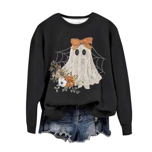 Halloween Pullover Women's Spooky Sweatshirt Halloween with Cute Ghost Sweater Ghost Crew Neck Halloween Costume Long Sleeve Sweatshirts Without Hood Black Tops Streetwear Comfortable