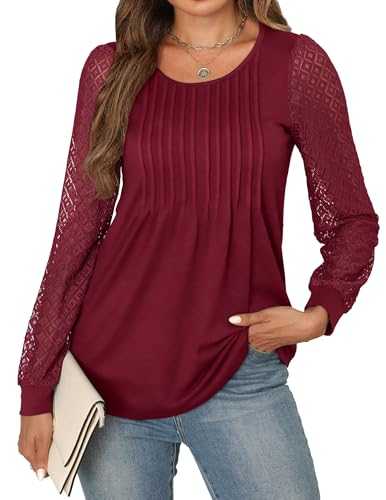 APRRAIN Womens Long Sleeve Shirts Dressy Causal Work Lace Pleated Blouses Flowy Tunic Tops Fall Trendy Business Outfits
