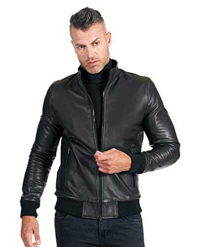 D'Arienzo Men's Italian Black Bomber Leather Jacket Moto Genuine Leather Made in Italy 106