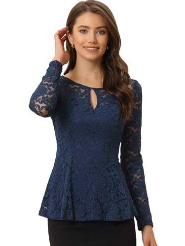 Allegra K Women's Lace Tops Keyhole Front Peplum Hem Sheer Long Sleeve Blouse