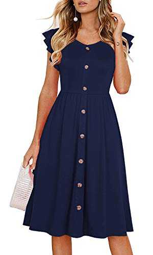 Lamilus Women's Casual Summer Ruffle Sleeve V-Neck Button Down A-Line Swing Party Dress