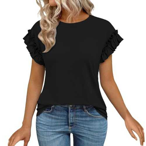 Qixiu Womens Tshirts Short Sleeve Casual Summer Tops 2025 Ruffle Crewneck Trendy Fashion Cute Work Outfits Layering Tee Long Sleeve Women