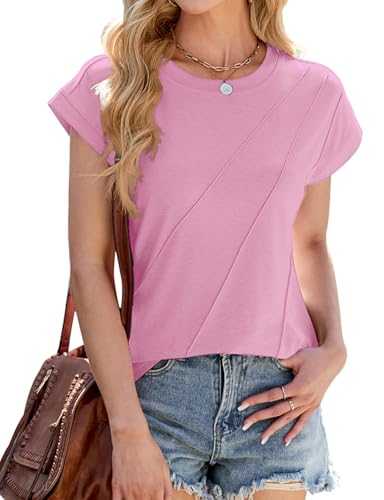 Akiooue Womens Short Sleeve T Shirts Casual Solid Summer Tops Crew Neck Cap Sleeve Stripe Tunic Blouse Shirts