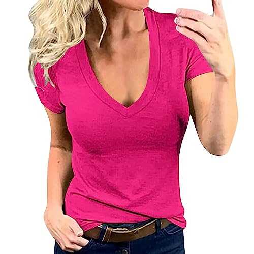 YCBMINGCAN Women Solid Color Deep V Neck Fashion Sexy Short Sleeve Batwing Sleeve T-Shirt Women